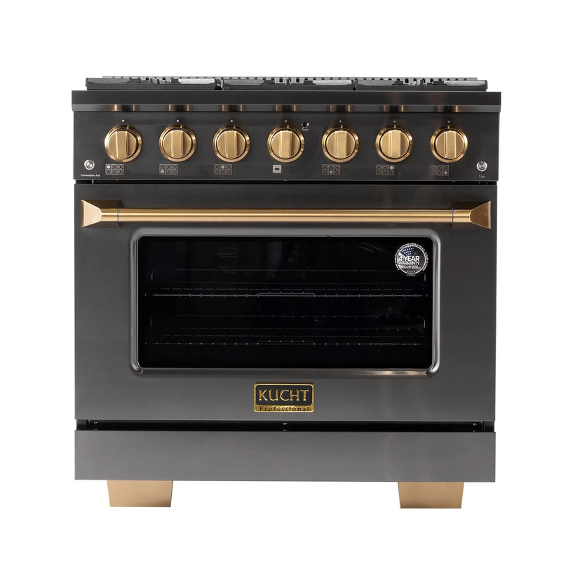 KUCHT Gemstone Professional 36-Inch 5.2 cu. ft. Propane Gas Range with Sealed Burners and Convection Oven in Titanium Stainless Steel with Gold Accents KEG363/LP