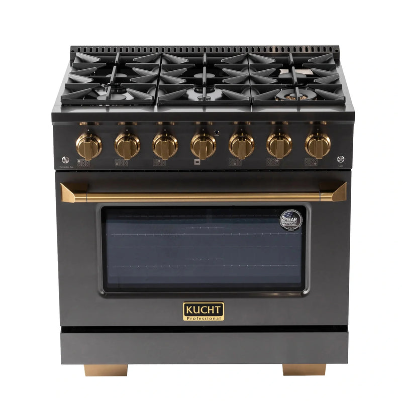 KUCHT Gemstone Professional 36-Inch 5.2 cu. ft. Gas Range with Sealed Burners and Convection Oven in Titanium Stainless Steel with Gold Accents KEG363