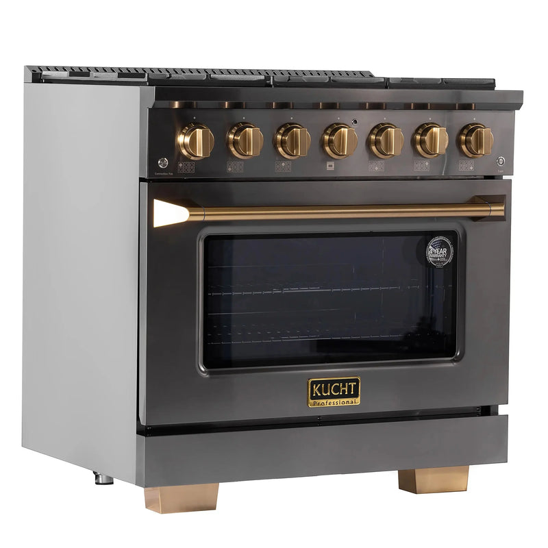 KUCHT Gemstone Professional 36-Inch 5.2 cu. ft. Propane Gas Range with Sealed Burners and Convection Oven in Titanium Stainless Steel with Gold Accents KEG363/LP