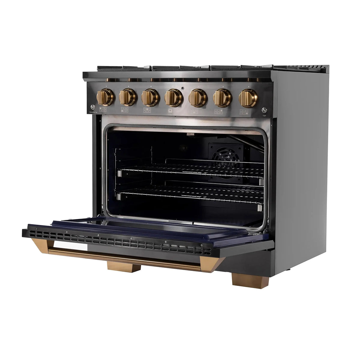 KUCHT Gemstone Professional 36-Inch 5.2 cu. ft. Propane Gas Range with Sealed Burners and Convection Oven in Titanium Stainless Steel with Gold Accents KEG363/LP