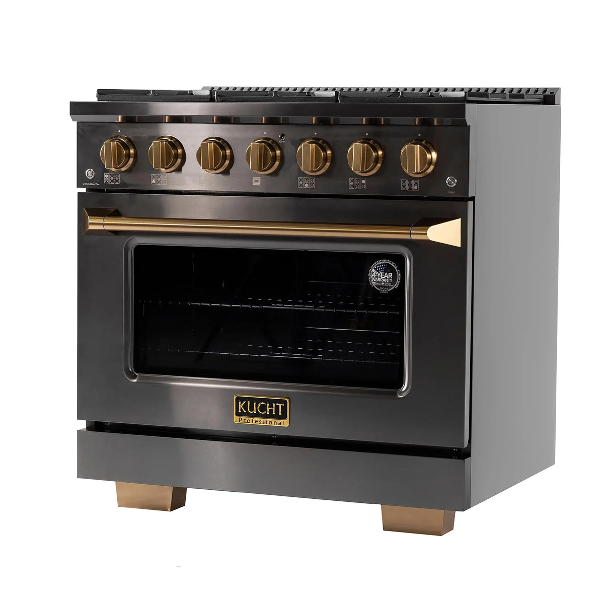 KUCHT Gemstone Professional 36-Inch 5.2 cu. ft. Gas Range with Sealed Burners and Convection Oven in Titanium Stainless Steel with Gold Accents KEG363