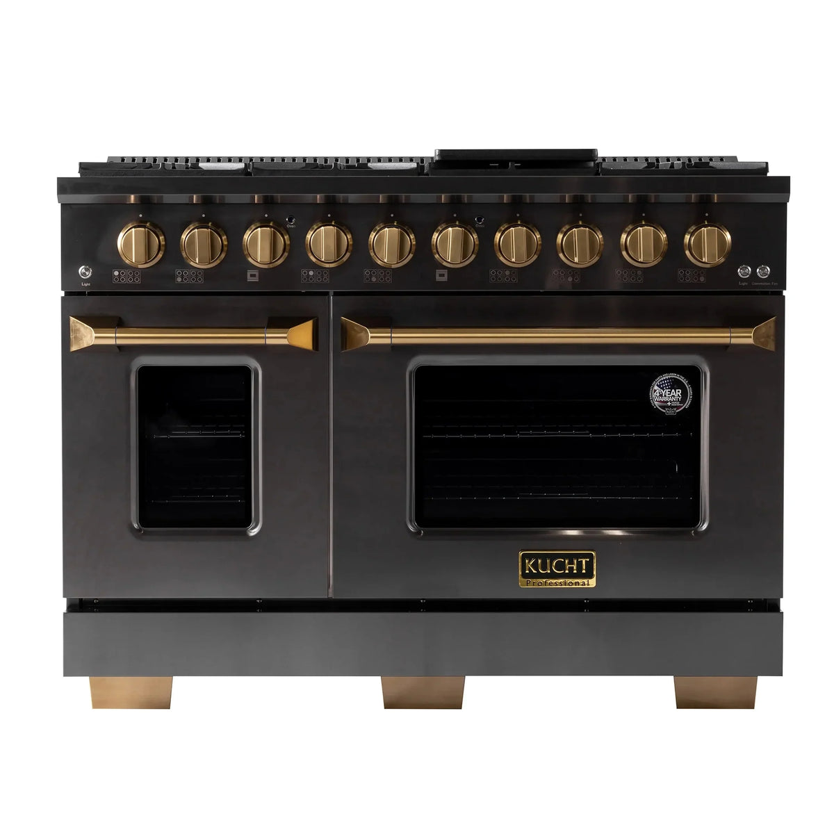 KUCHT Gemstone Professional 48-Inch 6.7 cu. ft. Natural Gas Range with Sealed Burners, Griddle/Grill and Two Ovens - One Convection - in Titanium Stainless Steel KEG483