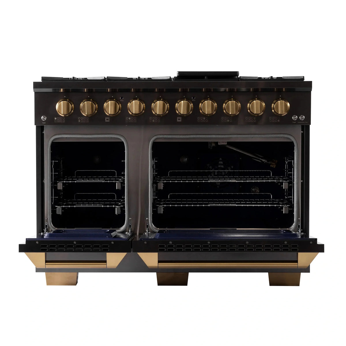 KUCHT Gemstone Professional 48-Inch 6.7 cu. ft. Natural Gas Range with Sealed Burners, Griddle/Grill and Two Ovens - One Convection - in Titanium Stainless Steel KEG483