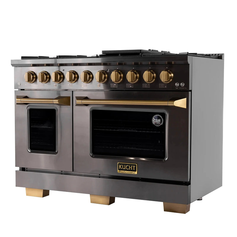 KUCHT Gemstone Professional 48-Inch 6.7 cu. ft. Natural Gas Range with Sealed Burners, Griddle/Grill and Two Ovens - One Convection - in Titanium Stainless Steel KEG483