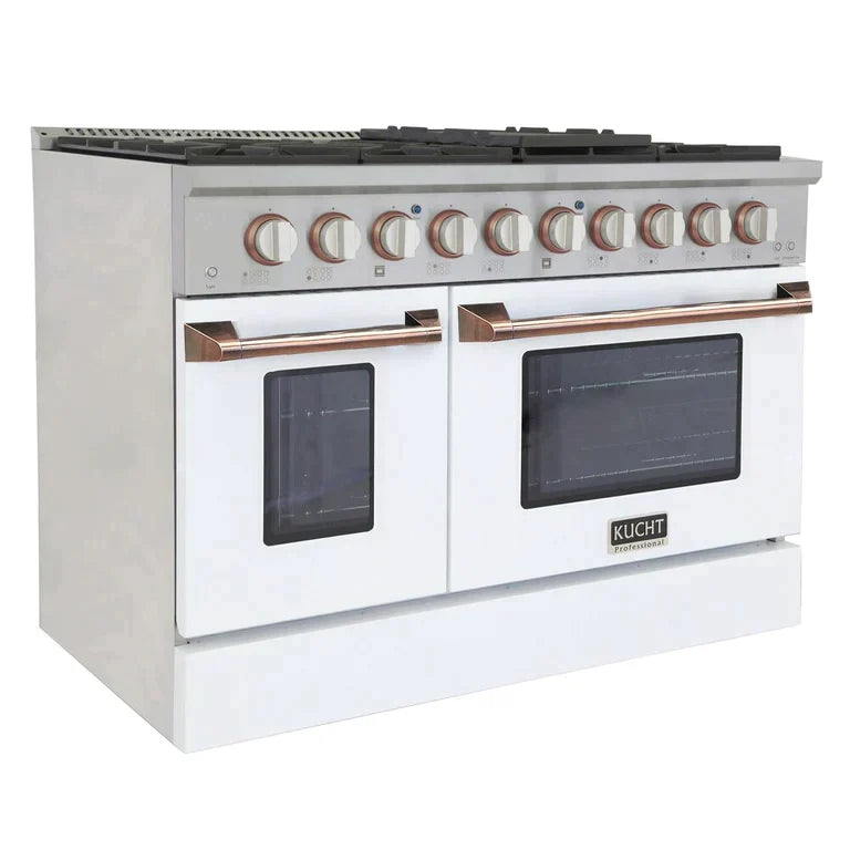 Kucht Signature 48-Inch Gas Range with Convection Oven in White with White Knob & Rose Gold Handle KNG481-W-ROSE