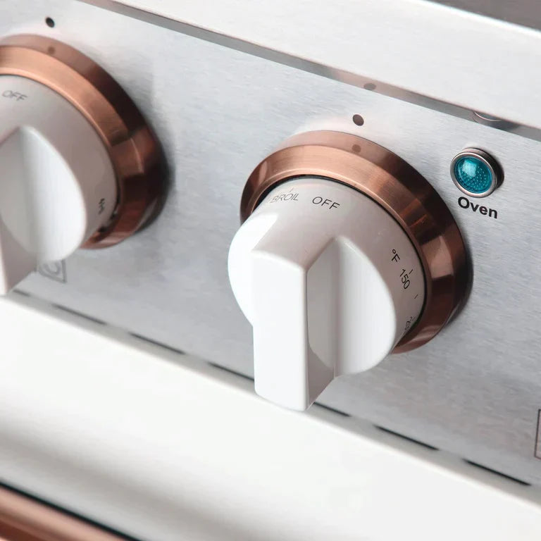 Kucht Signature 48-Inch Gas Range with Convection Oven in White with White Knob & Rose Gold Handle KNG481-W-ROSE