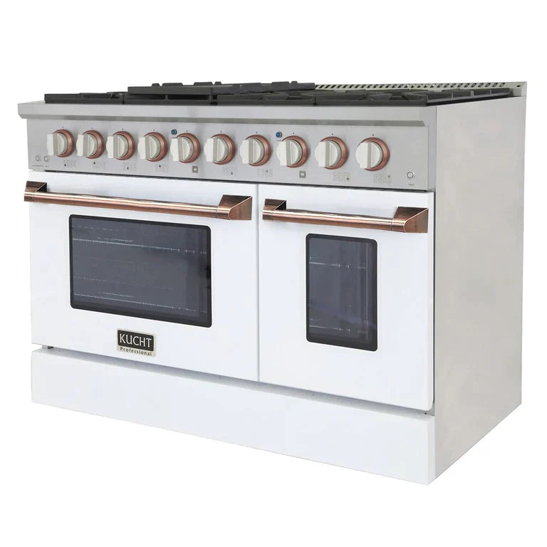 Kucht Signature 48-Inch Gas Range with Convection Oven in White with White Knob & Rose Gold Handle KNG481-W-ROSE