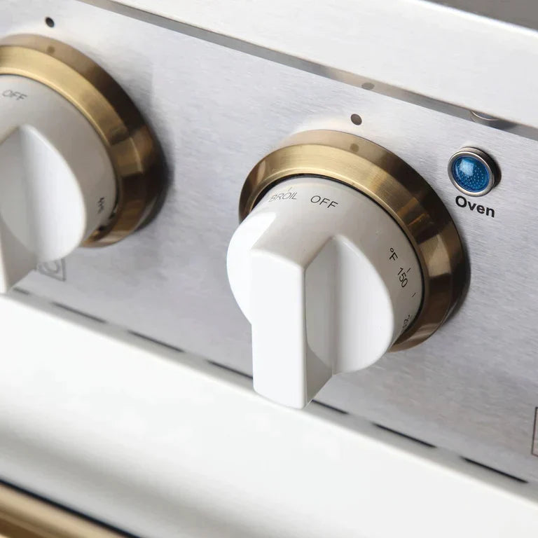 Kucht Signature 48-Inch Gas Range with Convection Oven in White with White Knobs & Gold Handle KNG481-W-GOLD