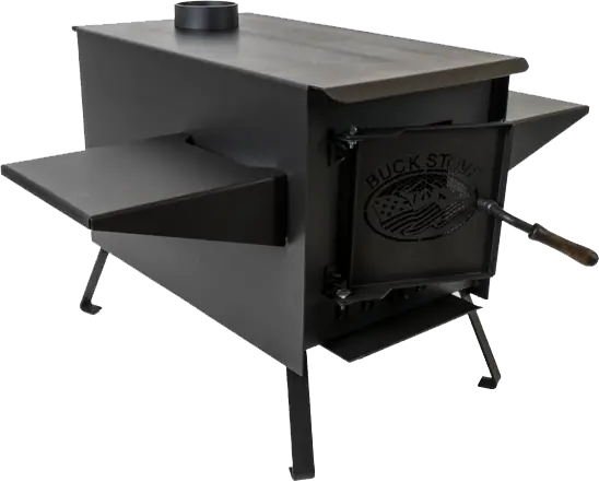 Buck Stove Little Buck wood camp stove with fold-out side shelves