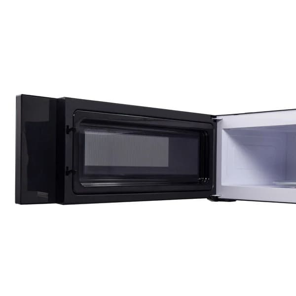 Angled view of Forno Padula 30-Inch Over-the-Range Microwave with door open, showing spacious interior and turntable.