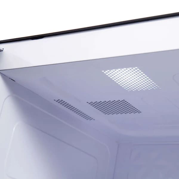 Bottom angled view of Forno Padula 30-Inch Over-the-Range Microwave, highlighting the venting system and stainless steel finish.