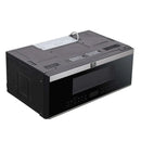 Right angled view of Forno Padula 30-Inch Over-the-Range Microwave with closed door, featuring sleek stainless steel finish and modern design.