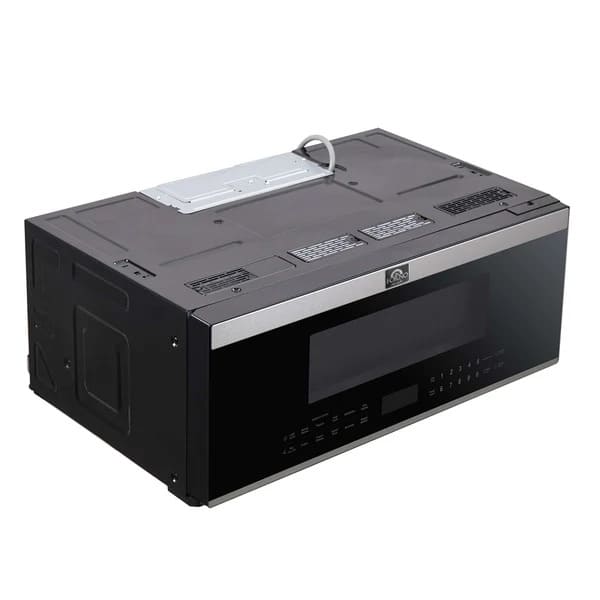 Right angled view of Forno Padula 30-Inch Over-the-Range Microwave with closed door, featuring sleek stainless steel finish and modern design.