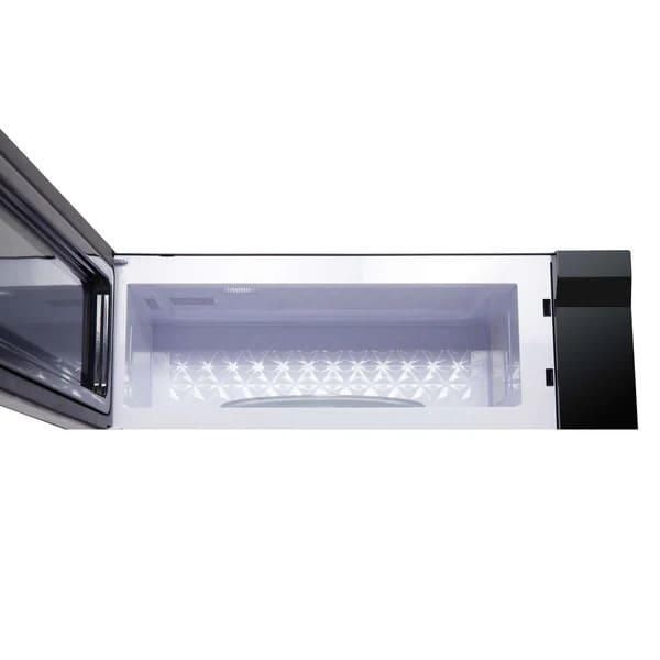 Front bottom view of Forno Padula 30-Inch Over-the-Range Microwave with door open, highlighting interior space and turntable.