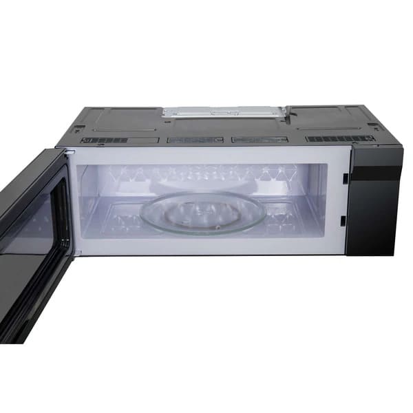 Front view of Forno Padula 30-Inch Over-the-Range Microwave with door open, showing spacious interior and stainless steel finish.