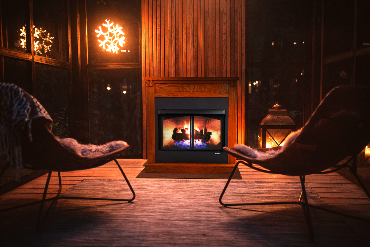 Buck Stove ZCBB XL gas firebox with mantel in a living room
