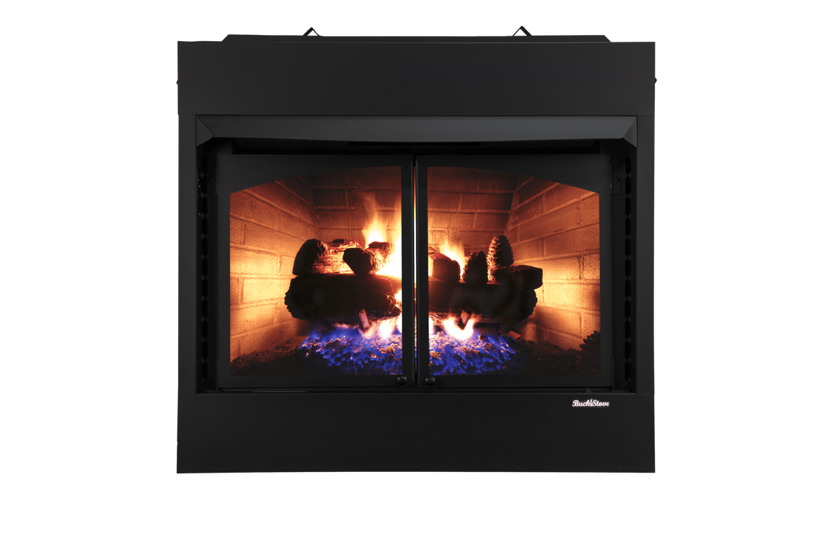 Buck Stove ZCBB builder series vent-free gas firebox with logs lit, no mantel