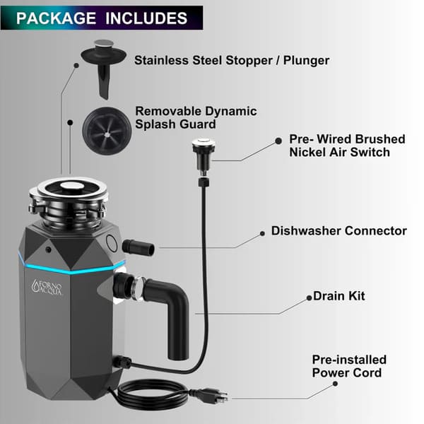 FORNO Acqua BrightDiamond 1HP Super Quiet Garbage Disposal Corded with Motion Sensor Cabinet Light & Pre-Wired Air Switch - MyBBQDirect