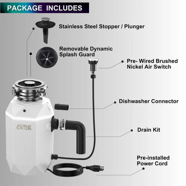 FORNO Acqua BrightDiamond 1HP Super Quiet Garbage Disposal Corded with Motion Sensor Cabinet Light & Pre-Wired Air Switch - MyBBQDirect