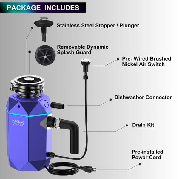 FORNO Acqua BrightDiamond 1HP Super Quiet Garbage Disposal Corded with Motion Sensor Cabinet Light & Pre-Wired Air Switch - MyBBQDirect