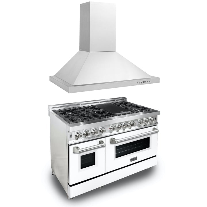 ZLINE Appliance Package - 48" Kitchen Package with Stainless Steel Dual Fuel Range with White Matte Door and Convertible Vent Range Hood