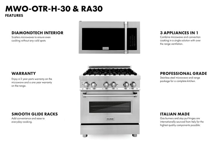 ZLINE 30" Kitchen Package Stainless Steel Dual Fuel Range and Over The Range Microwave with Traditional Handle (2KP-RAOTRH30)