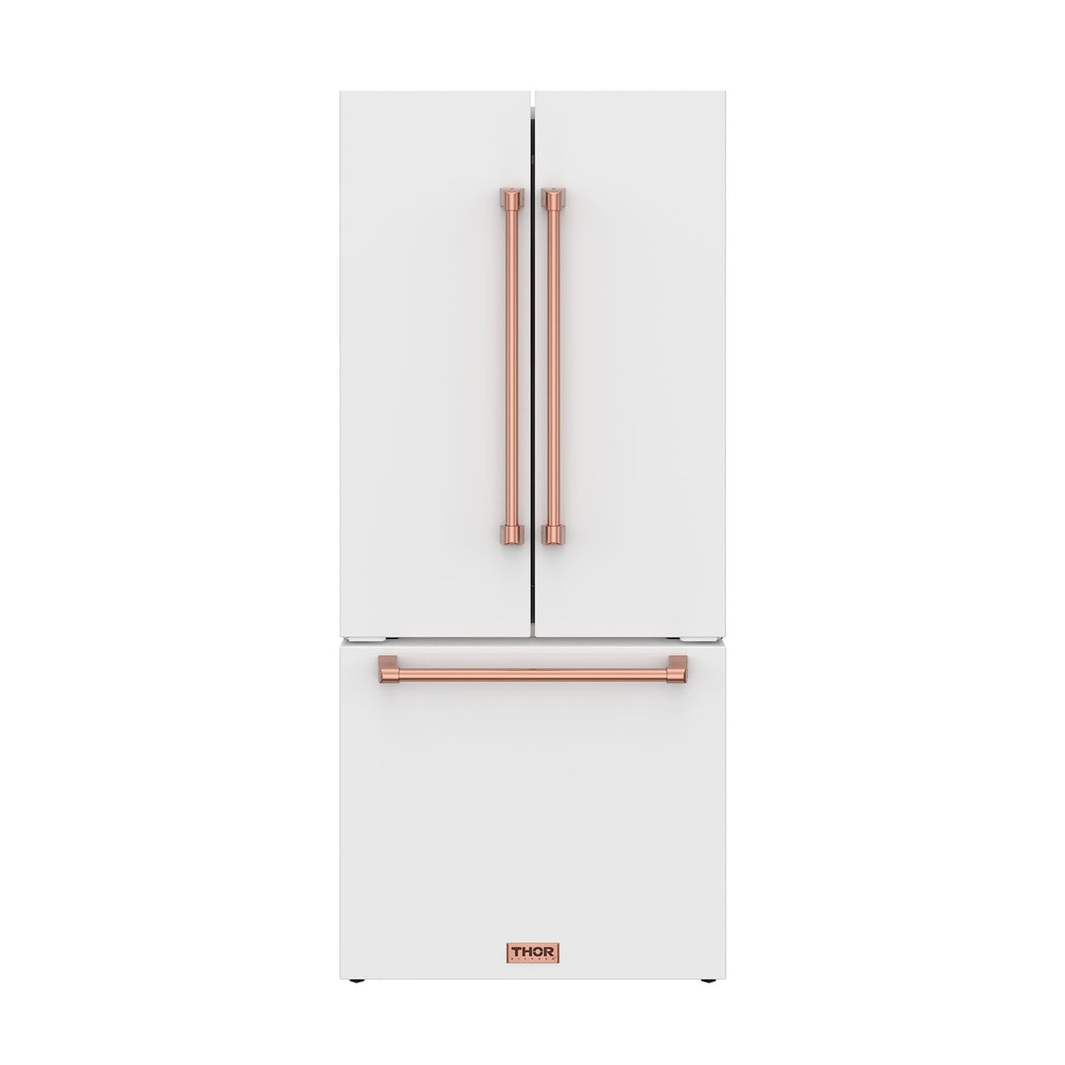 Gordon Ramsay THOR 30" White French Door Refrigerator - White / Rose Gold - front door closed with logo