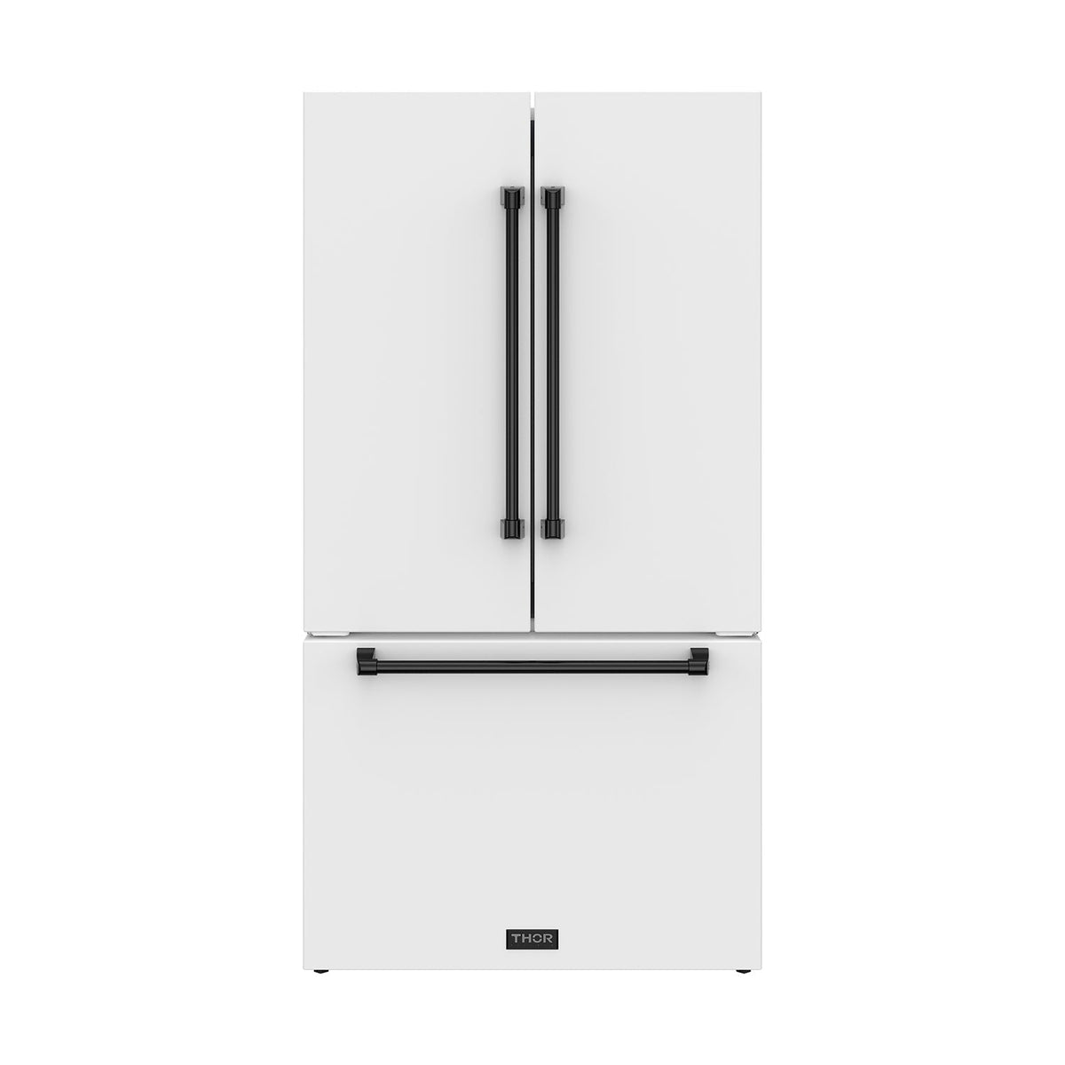 Gordon Ramsay THOR 36" White French Door Refrigerator - White / Black - front door closed with logo