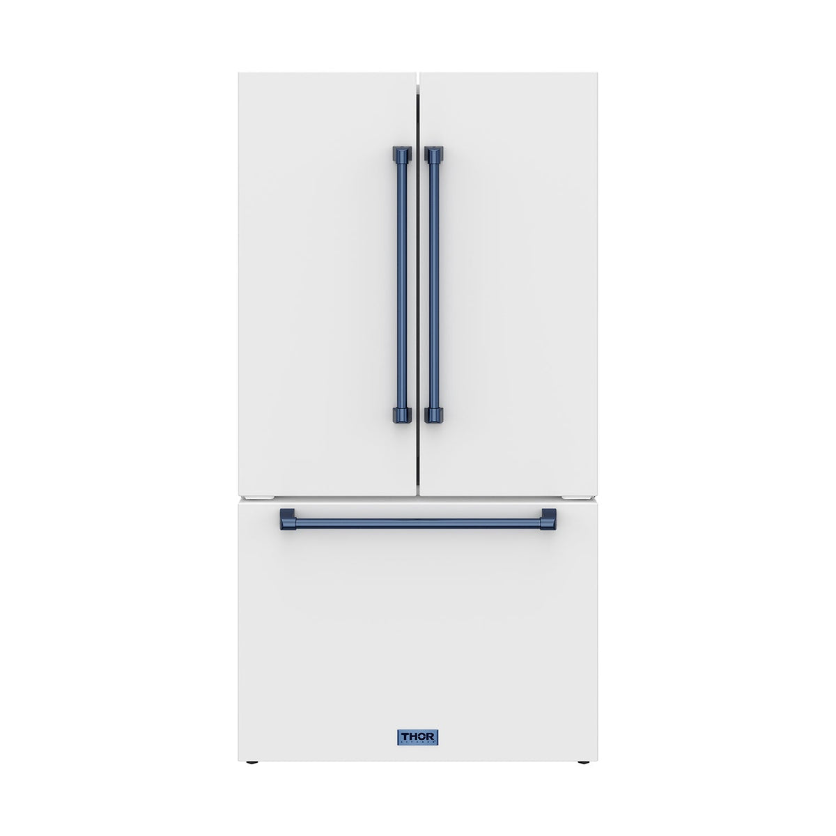 Gordon Ramsay THOR 36" White French Door Refrigerator - White / Blue - front door closed with logo