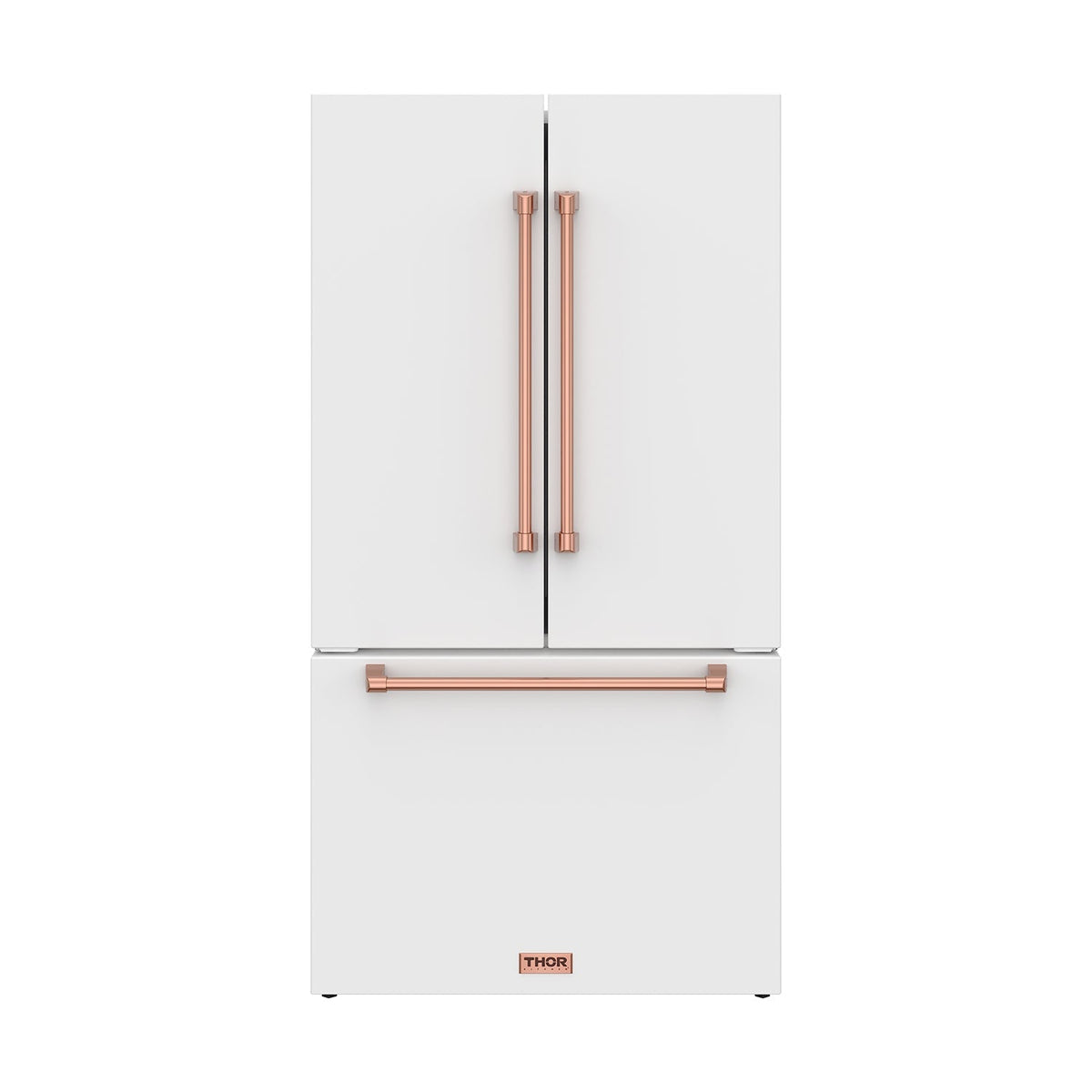 Gordon Ramsay THOR 36" White French Door Refrigerator - White / Rose Gold - front door closed with logo