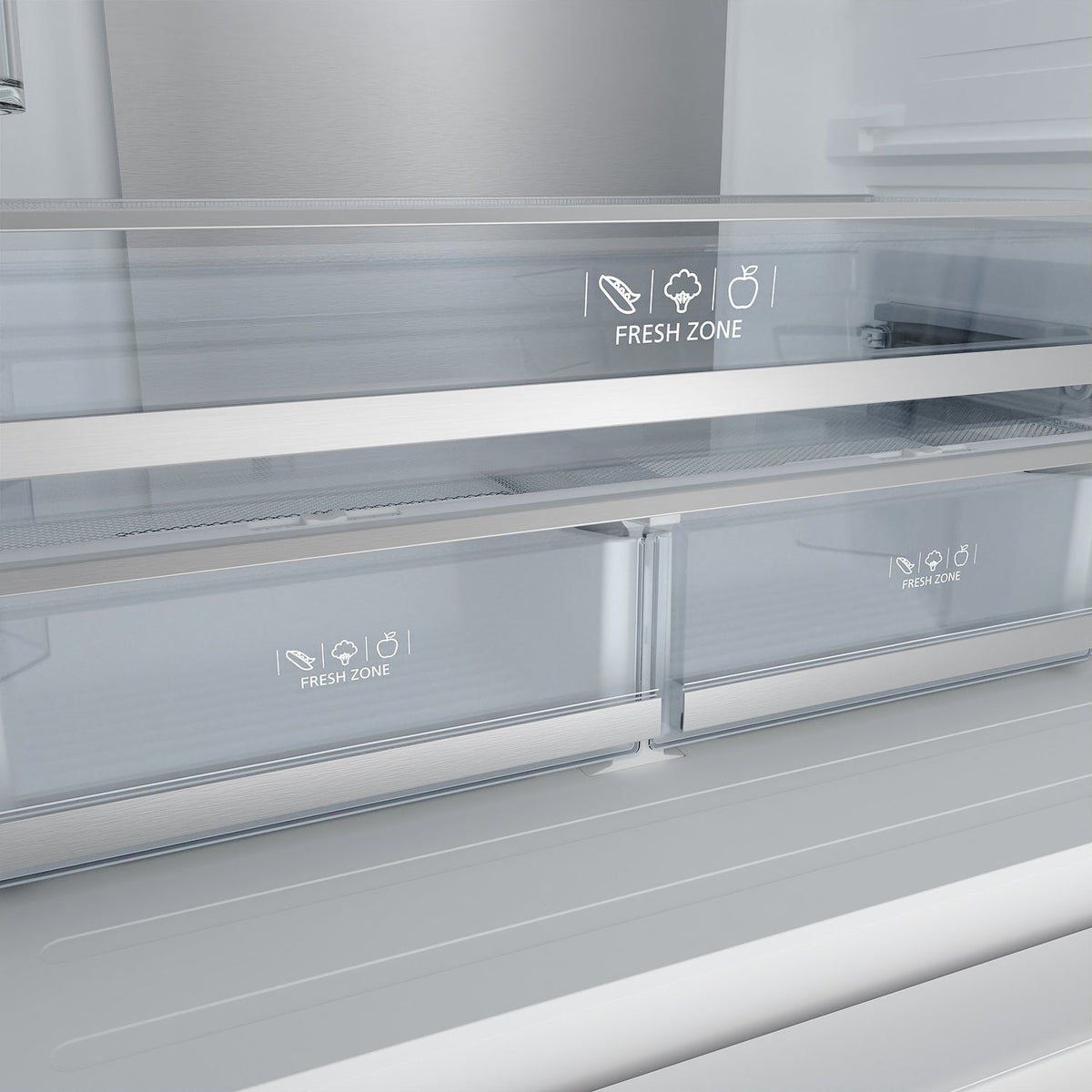 Gordon Ramsay THOR 36" White French Door Refrigerator - White - close up of fruit and vegetable box drawer