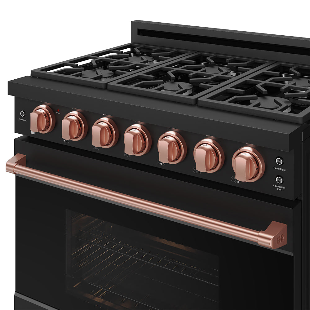 Gordon Ramsay THOR 36" LP Range RSG36PBLP-RSG - Black / Rose Gold - panel light on