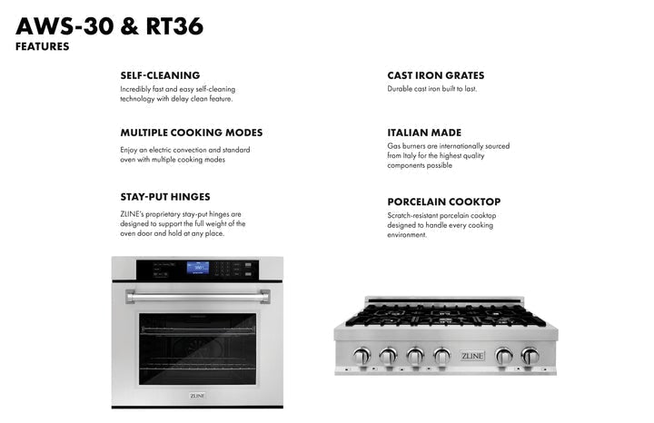  ZLINE Kitchen Package with 36" Stainless Steel Rangetop and 30" Single Wall Oven (2KP-RTAWS36)
