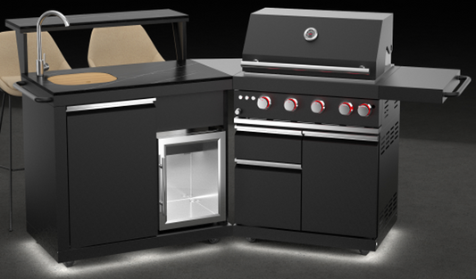 Forno All'Aperto 99,600 BTU BBQ with 5 Stainless-Steel Burners with Infrared Burners & Side Burner, Sink Module with Black Sintered Stone Countertops, Plancha, Gas Pizza Oven, Bar & Beverage Center