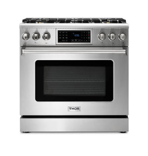 Thor Kitchen 36" Gas Range with 6.0 Cu. Ft. Self-Cleaning Oven, Air Fryer, Tilt Panel in Stainless Steel TRG3601