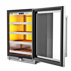 Thor Kitchen TWC24UL 24-inch wine cooler, three-quarter right view, door open