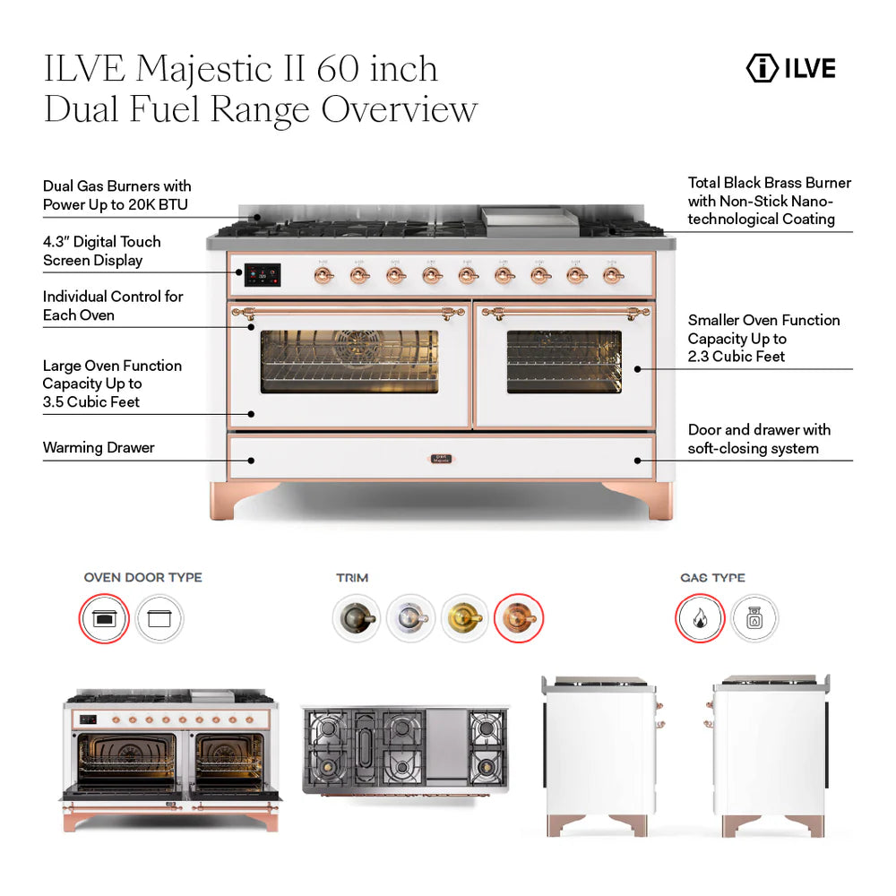 ILVE Majestic II Series 60 Inch Dual Fuel Freestanding Range Gas/Propane (UM15FDQNS3) - MyBBQDirect
