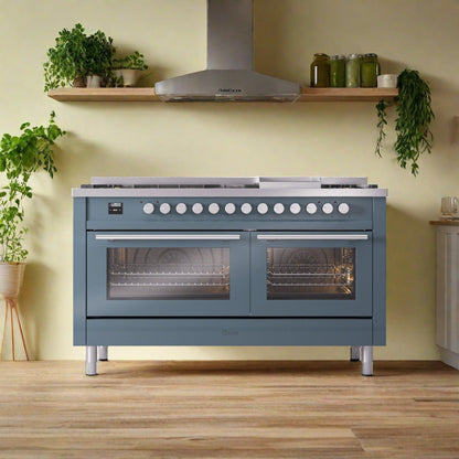 ILVE Professional Plus 60" Dual Fuel Range with 9 Sealed Burners w/Griddle Triple Glass Door - UP60FWMP