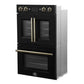FORNO Asti 30-Inch Double Electric Wall Oven with Upper French Doors in Black/White with Antique Brass Trim - MyBBQDirect