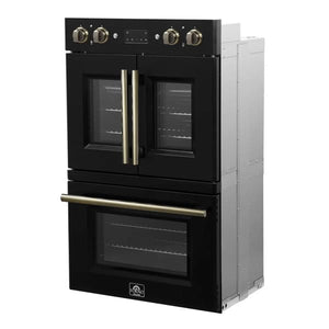 FORNO Asti 30-Inch Double Electric Wall Oven with Upper French Doors in Black/White with Antique Brass Trim - MyBBQDirect