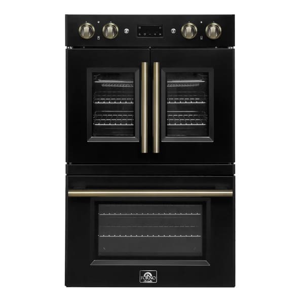 FORNO Asti 30-Inch Double Electric Wall Oven with Upper French Doors in Black/White with Antique Brass Trim - MyBBQDirect