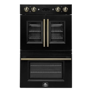 FORNO Asti 30-Inch Double Electric Wall Oven with Upper French Doors in Black/White with Antique Brass Trim - MyBBQDirect