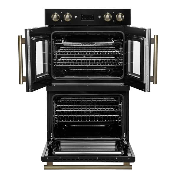 FORNO Asti 30-Inch Double Electric Wall Oven with Upper French Doors in Black/White with Antique Brass Trim - MyBBQDirect