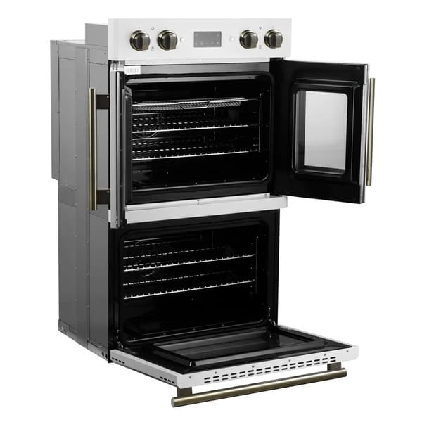 FORNO Asti 30-Inch Double Electric Wall Oven with Upper French Doors in Black/White with Antique Brass Trim - MyBBQDirect