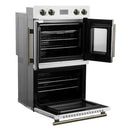 FORNO Asti 30-Inch Double Electric Wall Oven with Upper French Doors in Black/White with Antique Brass Trim - MyBBQDirect