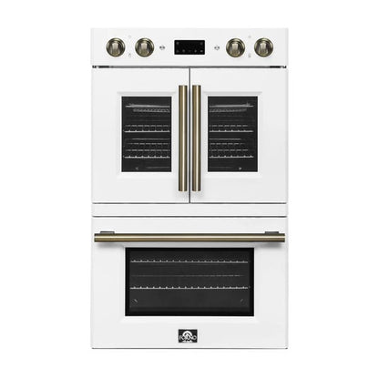 FORNO Asti 30-Inch Double Electric Wall Oven with Upper French Doors in Black/White with Antique Brass Trim - MyBBQDirect