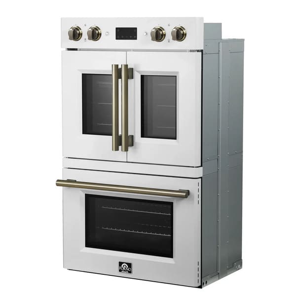 FORNO Asti 30-Inch Double Electric Wall Oven with Upper French Doors in Black/White with Antique Brass Trim - MyBBQDirect