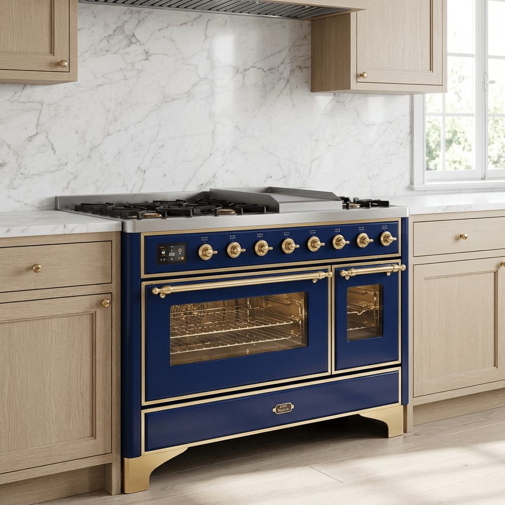 ILVE Majestic II 48 Inch Dual Fuel Range, Double Oven, 8 Burners & Griddle UM12FDNS3 - MyBBQDirect