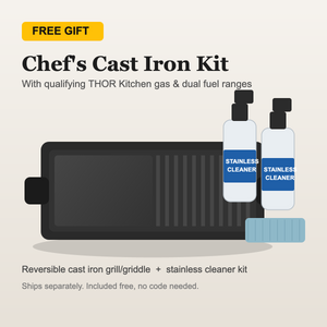 Chef's Cast Iron Kit free gift: reversible cast iron grill/griddle and stainless steel cleaner kit