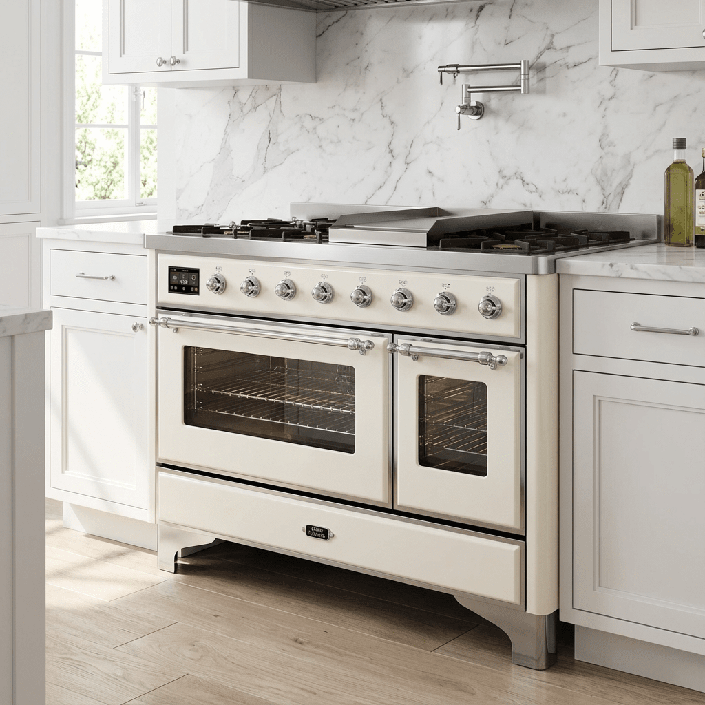 ILVE Majestic II 48 Inch Dual Fuel Range, Double Oven, 8 Burners & Griddle UM12FDNS3 - MyBBQDirect